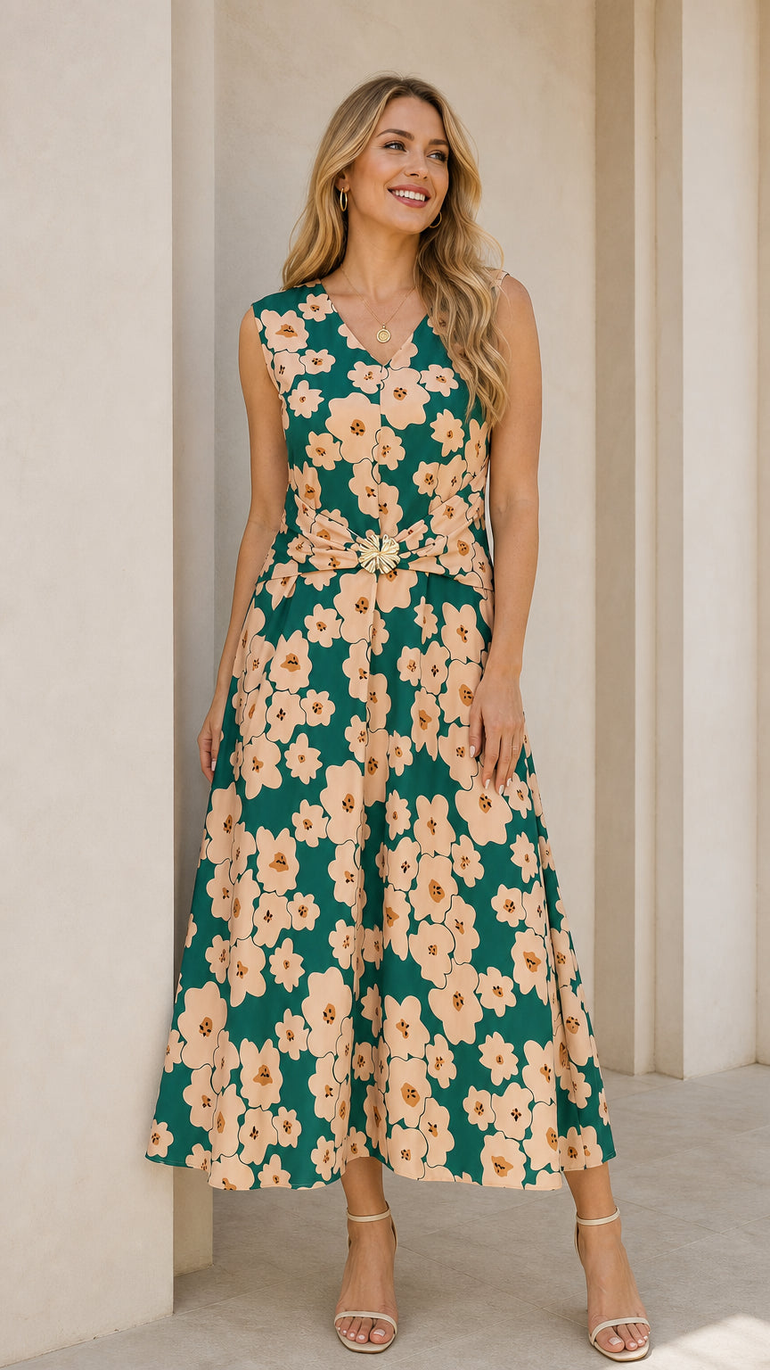 Front view of green floral midi dress