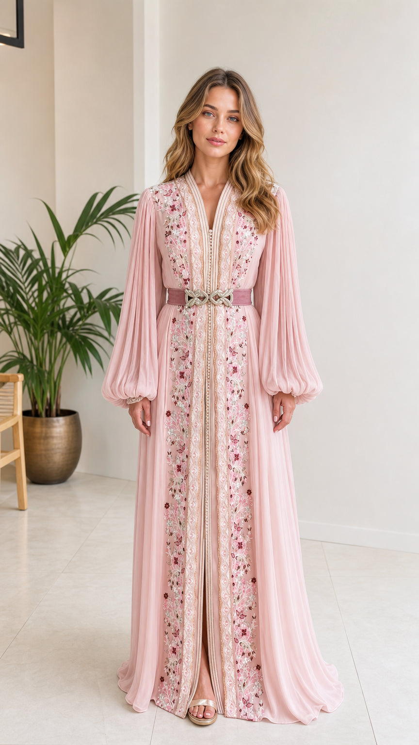 Front full view of woman wearing blush pink embroidered kaftan maxi dress with embellished belt