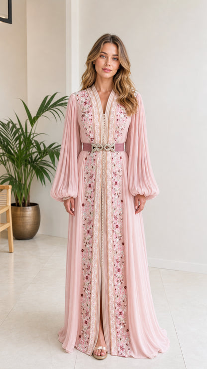 Front full view of woman wearing blush pink embroidered kaftan maxi dress with embellished belt