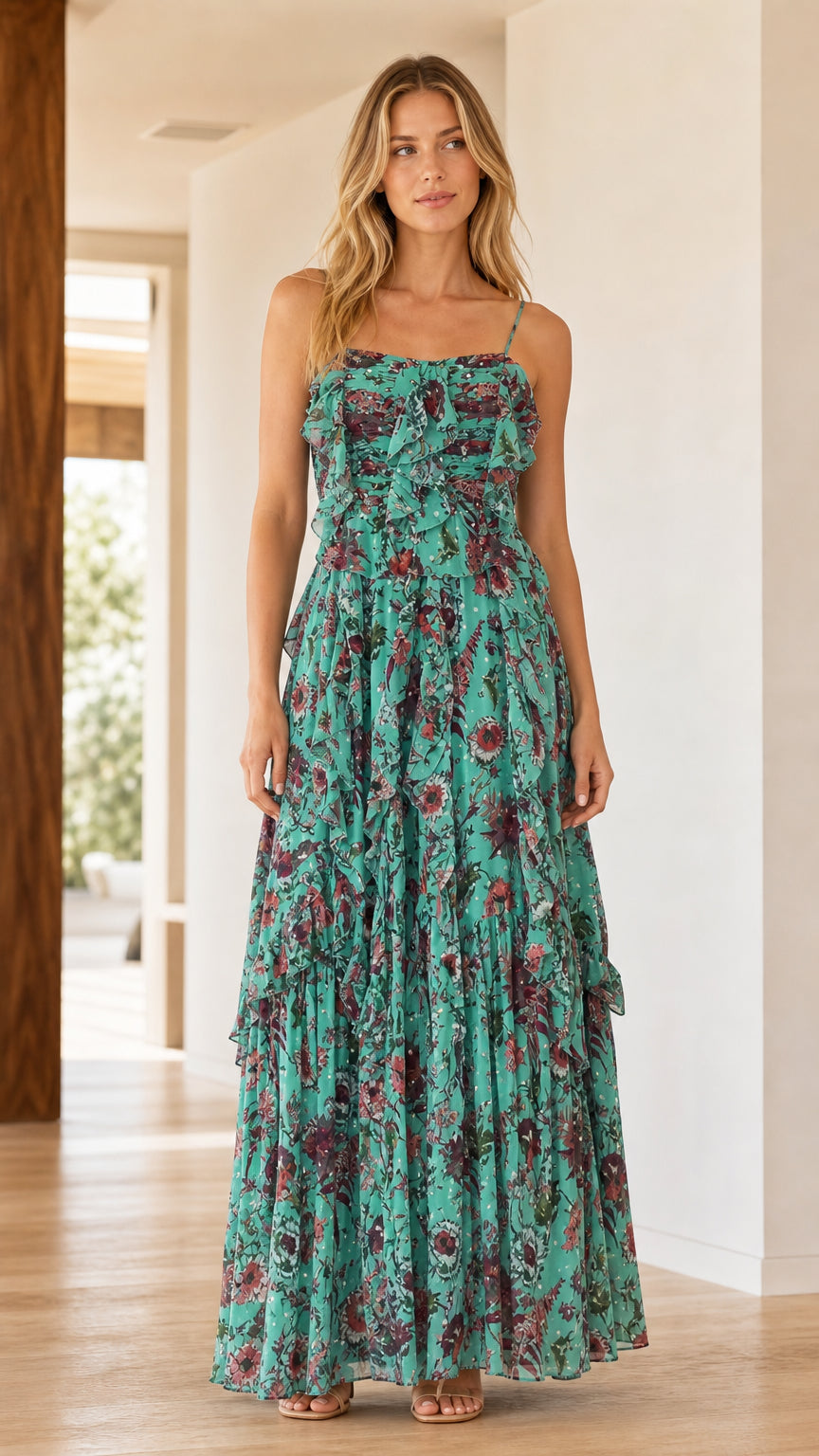Front view of model wearing Teal floral ruffle tiered maxi dress