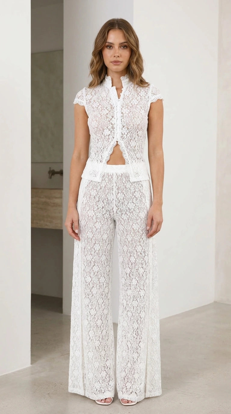 Full front view of white lace matching set