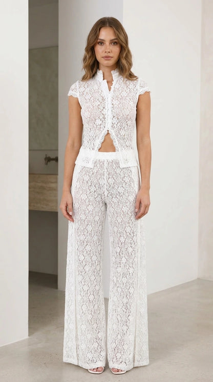 Full front view of white lace matching set