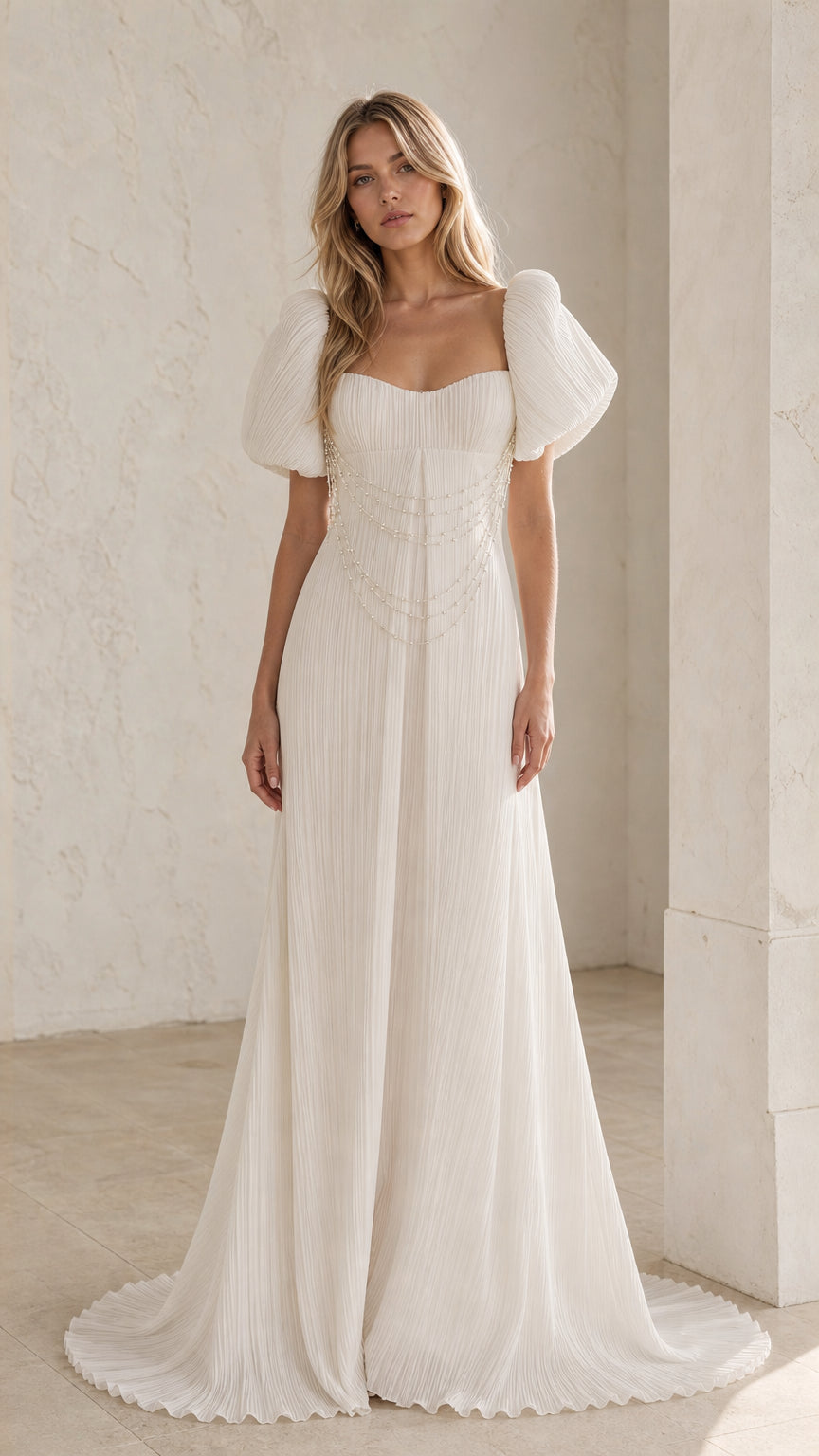 Front view of White pearl draped pleated maxi dress