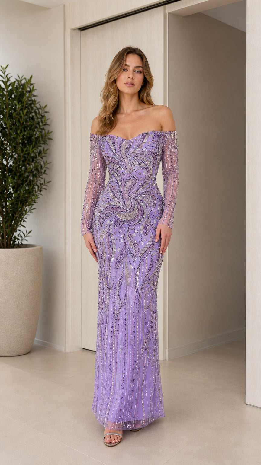 Front full-length view of model wearing off-the-shoulder lavender beaded evening gown