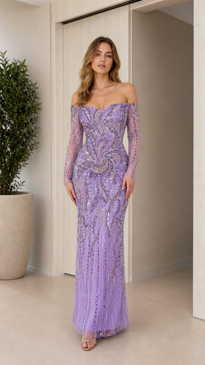 Front full-length view of model wearing off-the-shoulder lavender beaded evening gown
