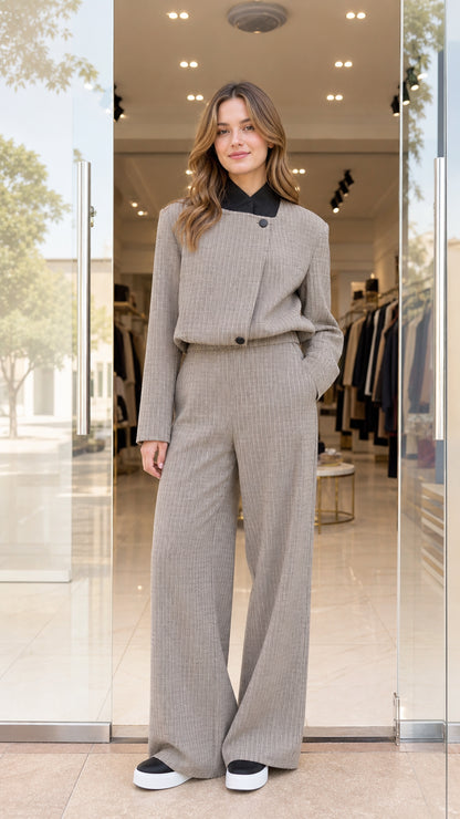 Model wearing taupe brown cropped blazer and matching wide-leg trousers front view