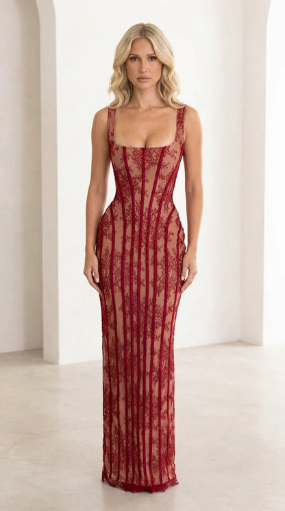 Front view of burgundy corset lace maxi dress