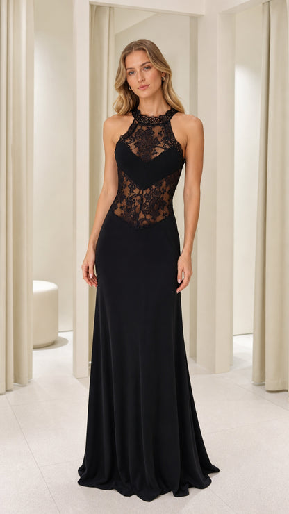 Front view of black halter neck lace maxi evening dress
