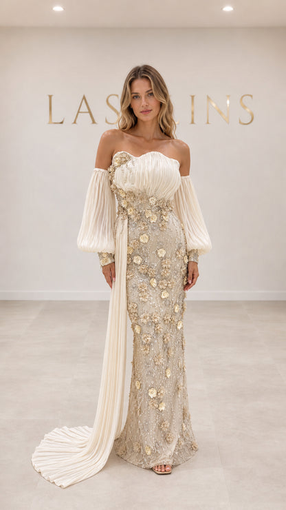 Champagne off-the-shoulder 3D floral appliqué evening gown front view with pleated train