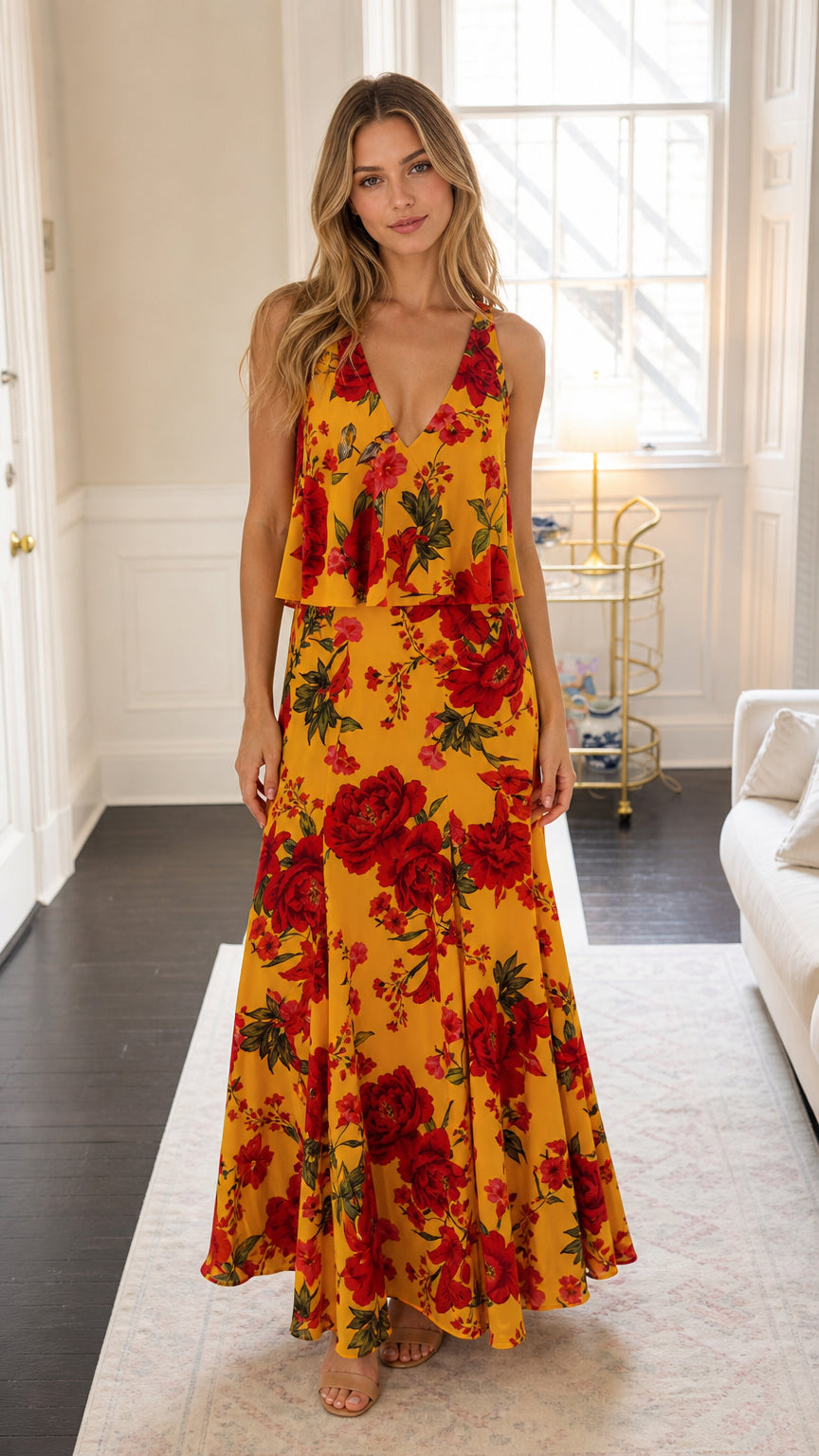 Front view of woman wearing yellow floral print layered maxi dress