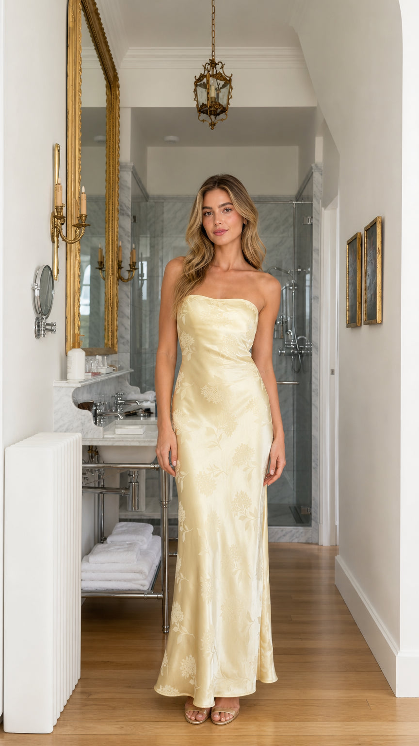 Front view of yellow floral jacquard strapless maxi dress