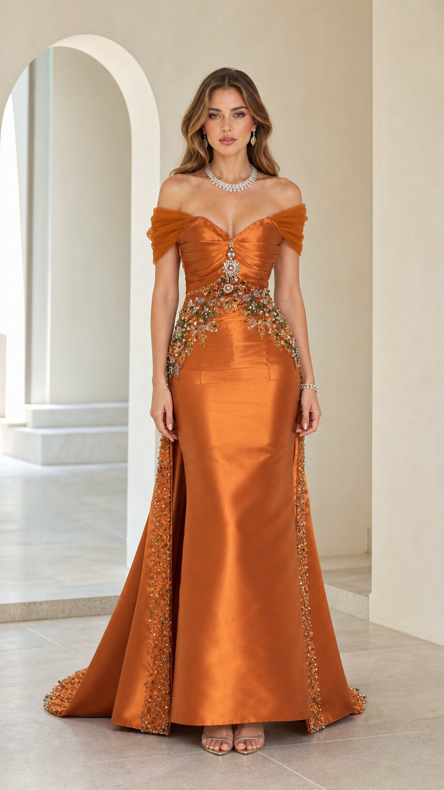 Front view of rust orange off-shoulder beaded satin evening gown