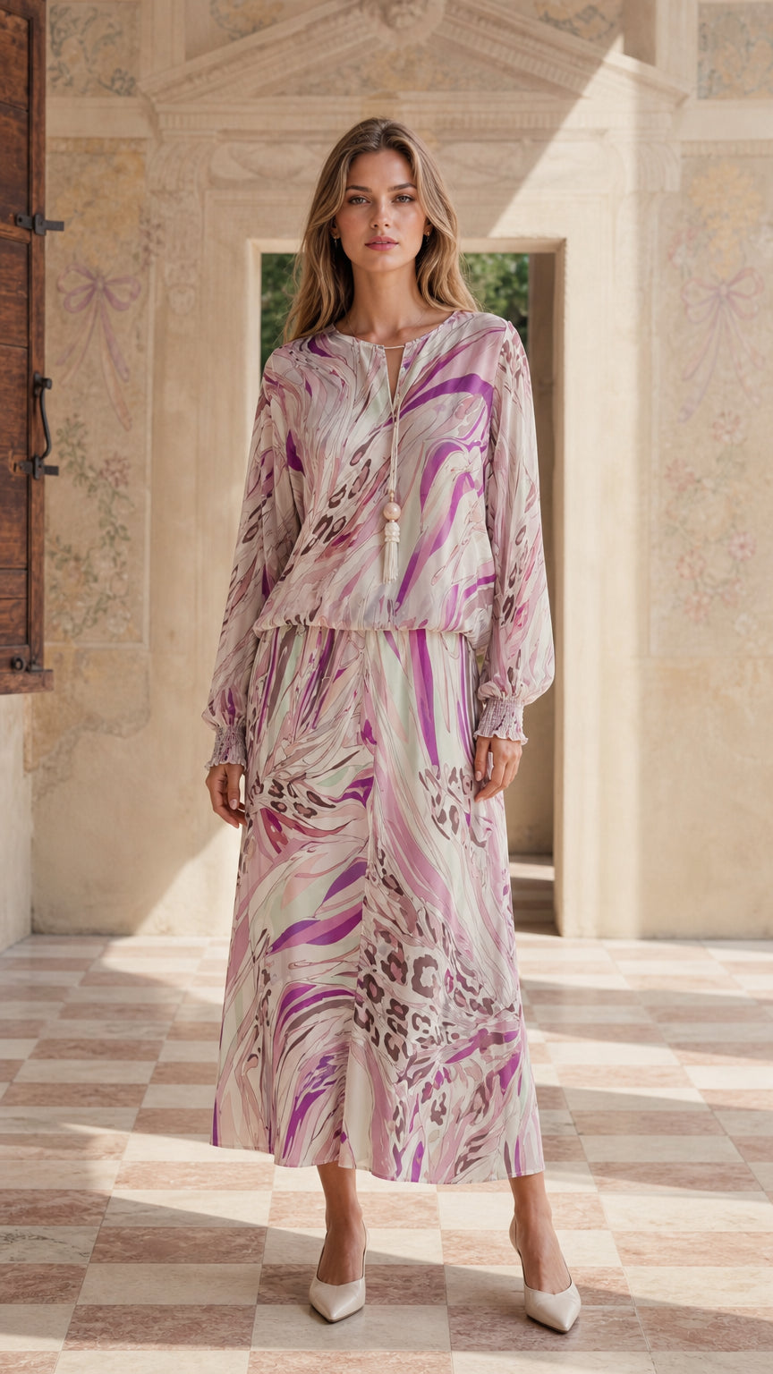 Front view of model wearing pink abstract print maxi dress set