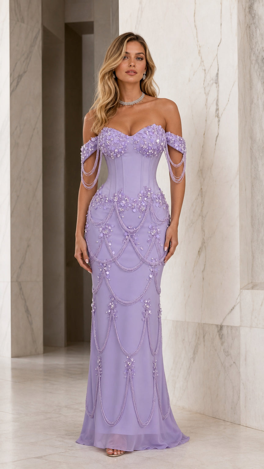 Front view of lavender off-the-shoulder beaded mermaid evening dress