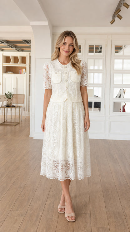 Full-length front view of white lace midi dress and jacket set
