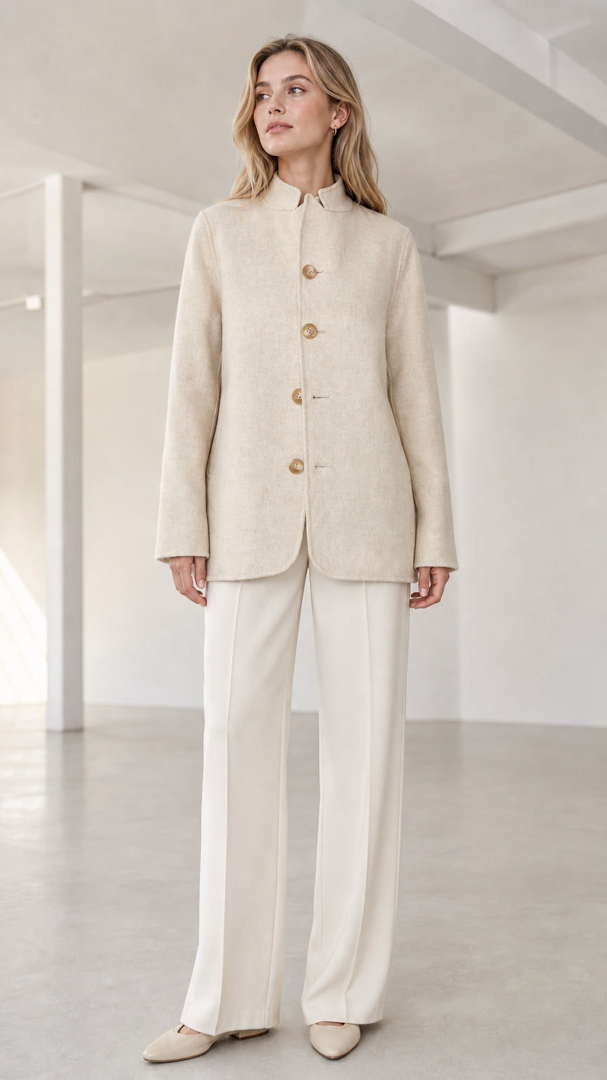 Front full view of model wearing cream stand collar button-front coat with wide-leg trousers