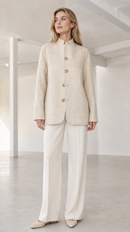 Front full view of model wearing cream stand collar button-front coat with wide-leg trousers