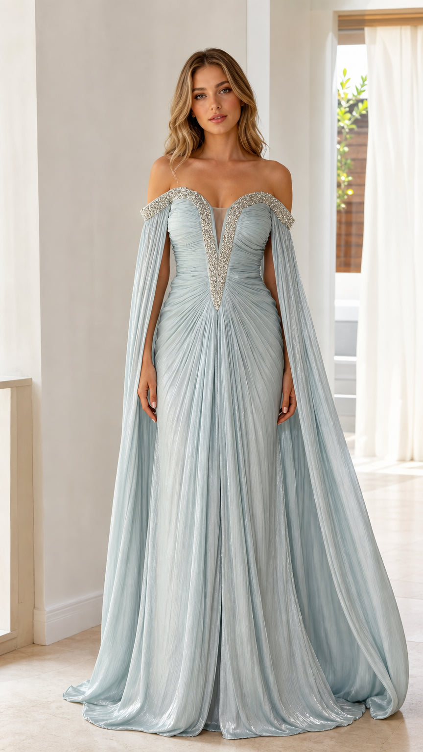 Front full-length view of woman wearing ice blue off-the-shoulder pleated evening gown with cape sleeves
