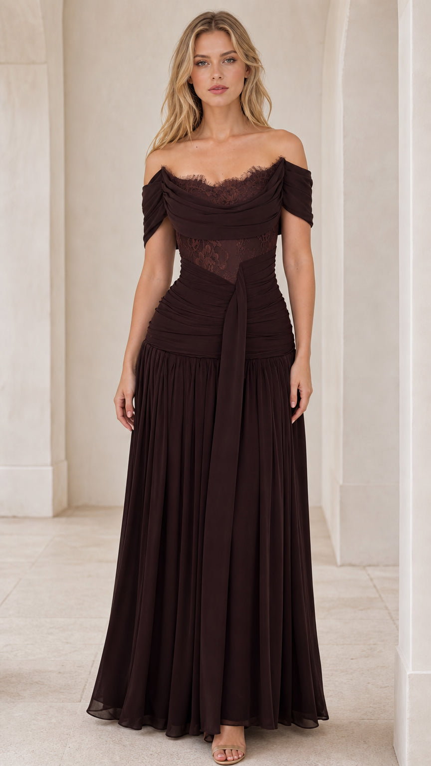 Front view of model wearing brown off-the-shoulder ruched chiffon maxi dress