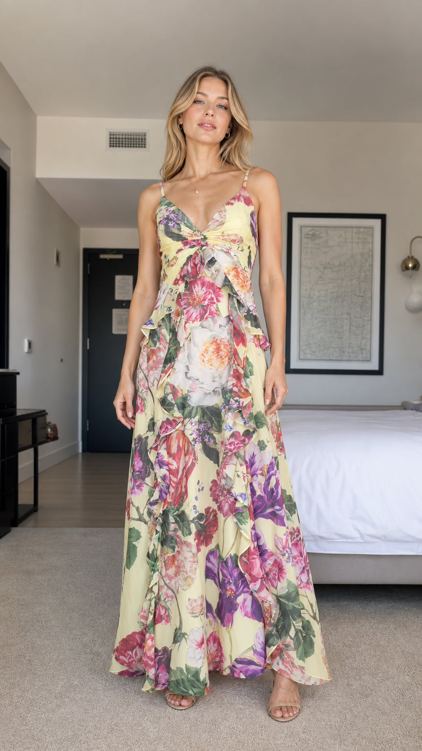 Front view of model wearing yellow floral print ruffle maxi dress