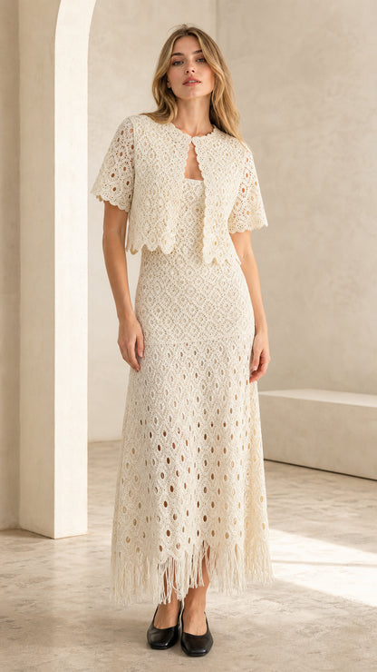 Front view of ivory crochet lace two-piece set on model