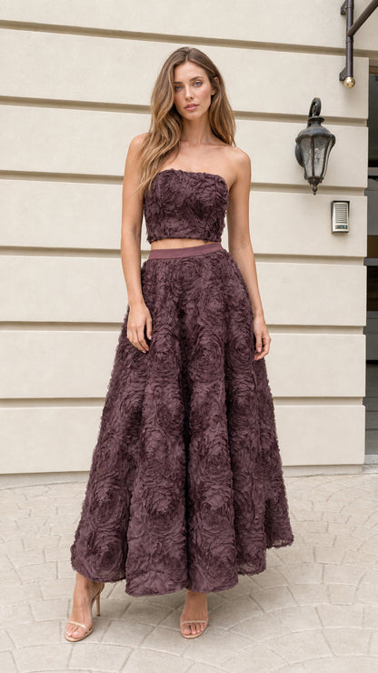 Front full view of the plum textured rose applique two-piece set