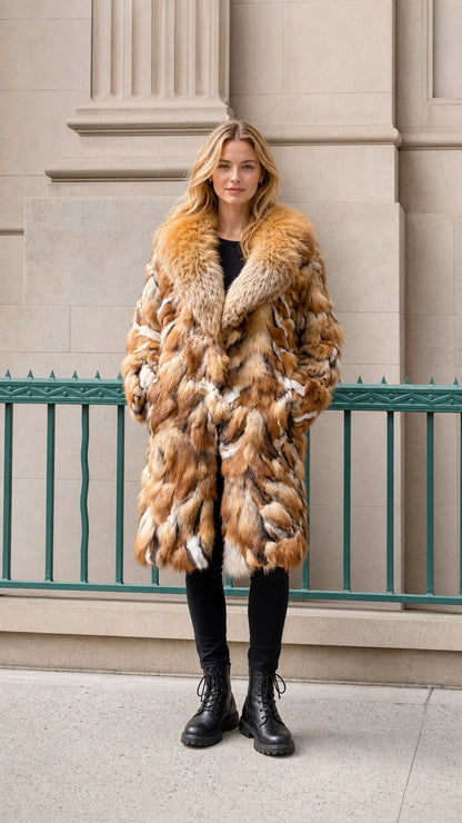 Front view of model wearing brown faux fur coat with combat boots