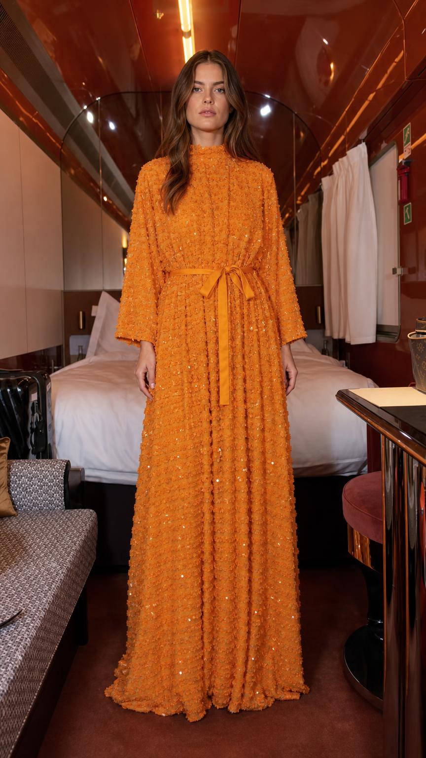 Front view of orange textured sequin maxi dress