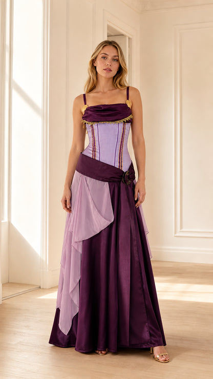 Front full view of woman wearing purple Renaissance corset maxi dress with layered draped skirt