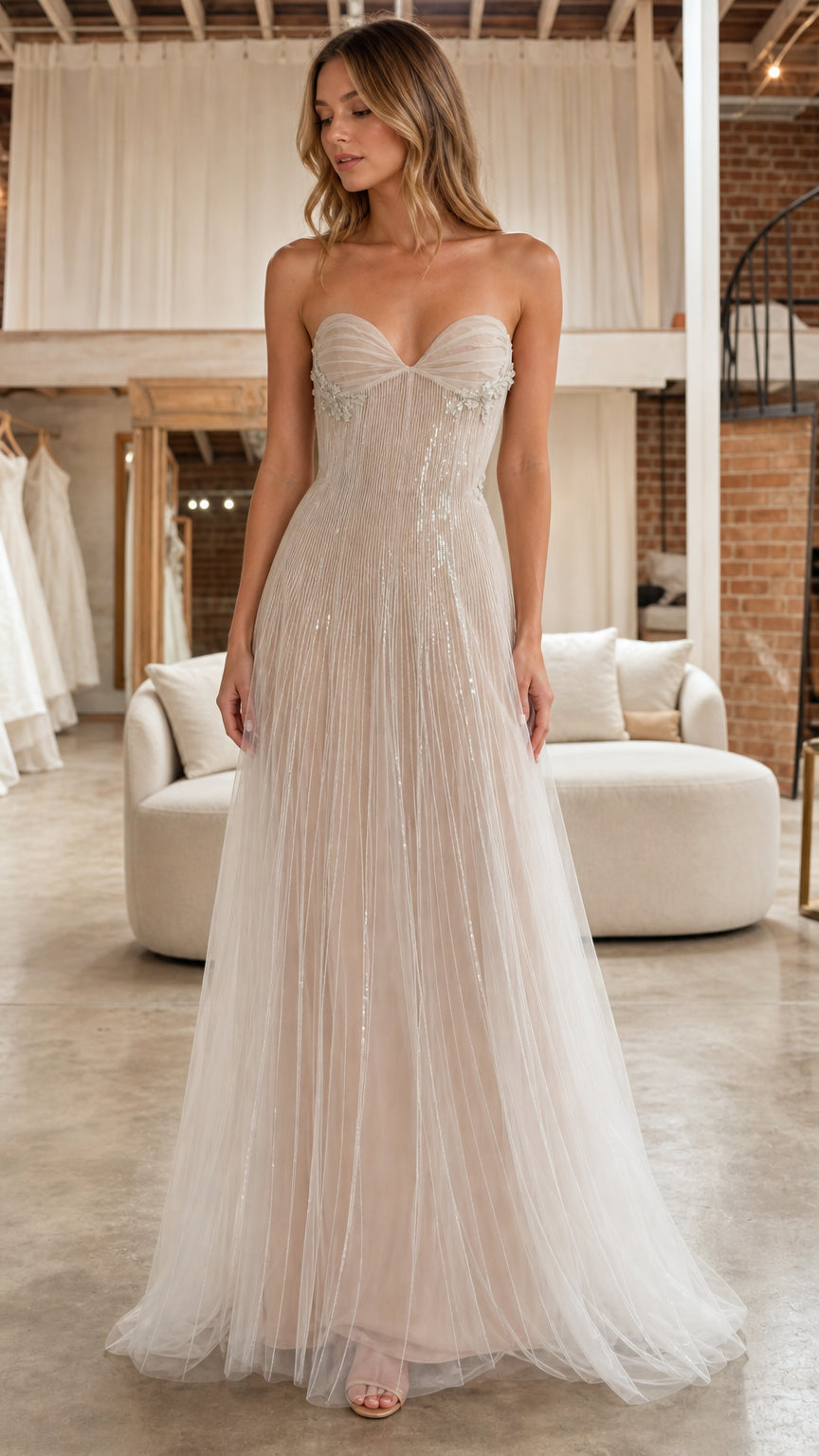 Front full view of model wearing the ivory strapless sweetheart beaded tulle evening gown