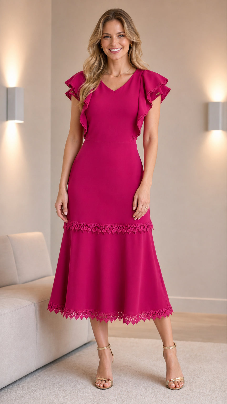 Woman wearing fuchsia V-neck ruffle sleeve midi dress, front view