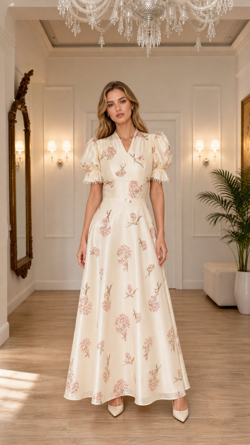Model wearing cream floral embroidered puff sleeve maxi dress, front view