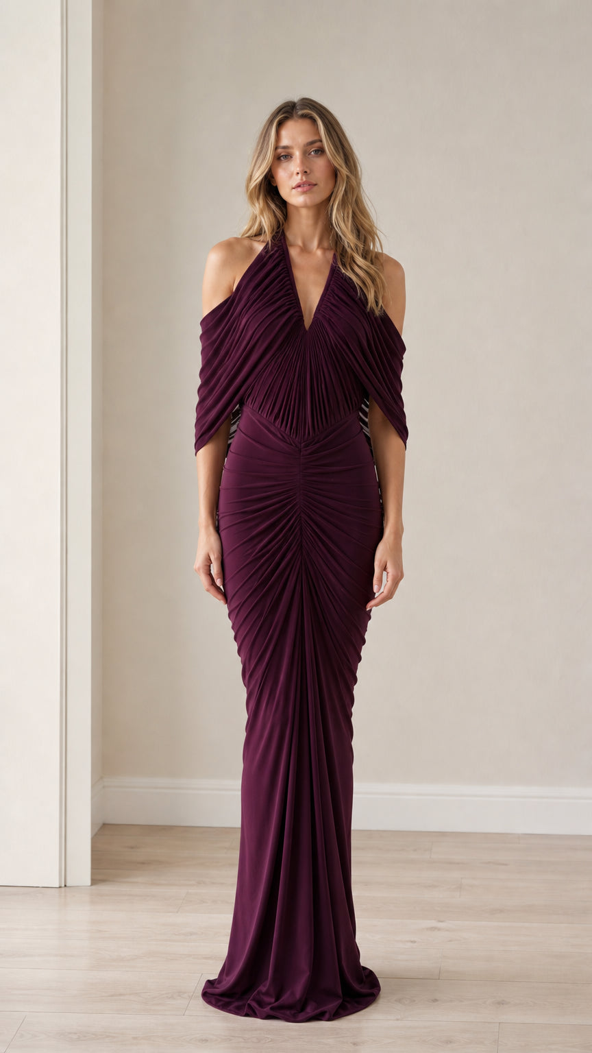 Front view of the plum ruched off-shoulder halter maxi dress