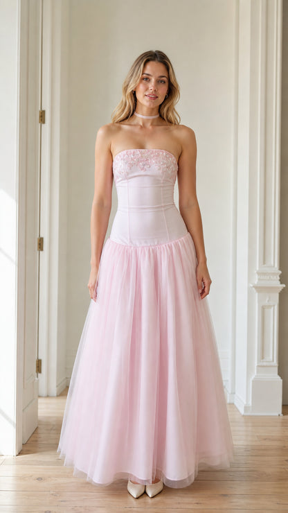 Front view of the pink strapless embroidered tulle maxi dress