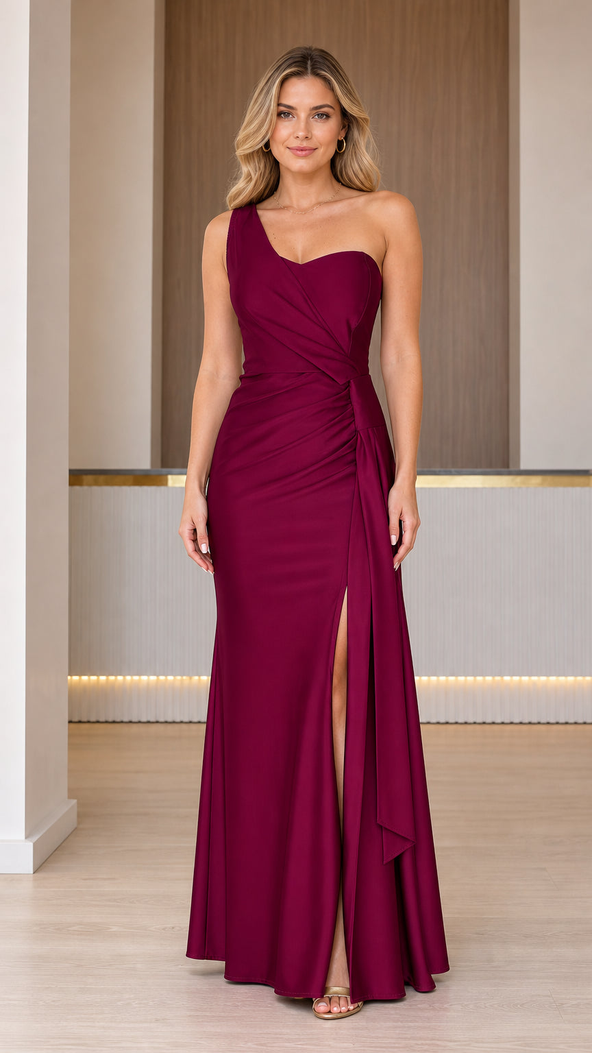 Front view of burgundy one-shoulder ruched slit evening maxi dress