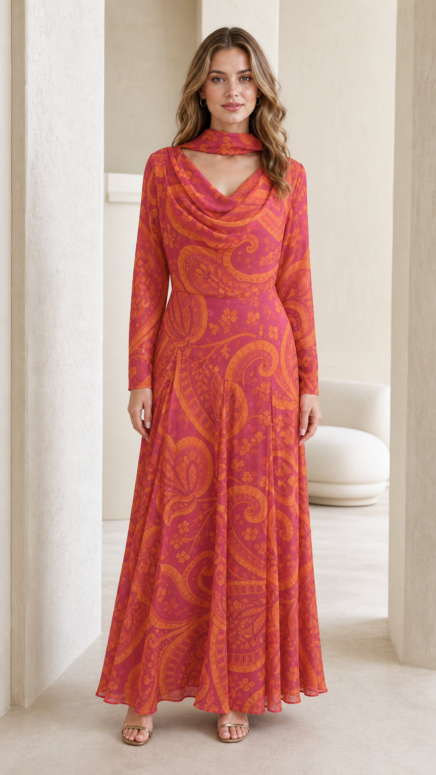 Model wearing pink paisley long-sleeve maxi dress with matching scarf, front view