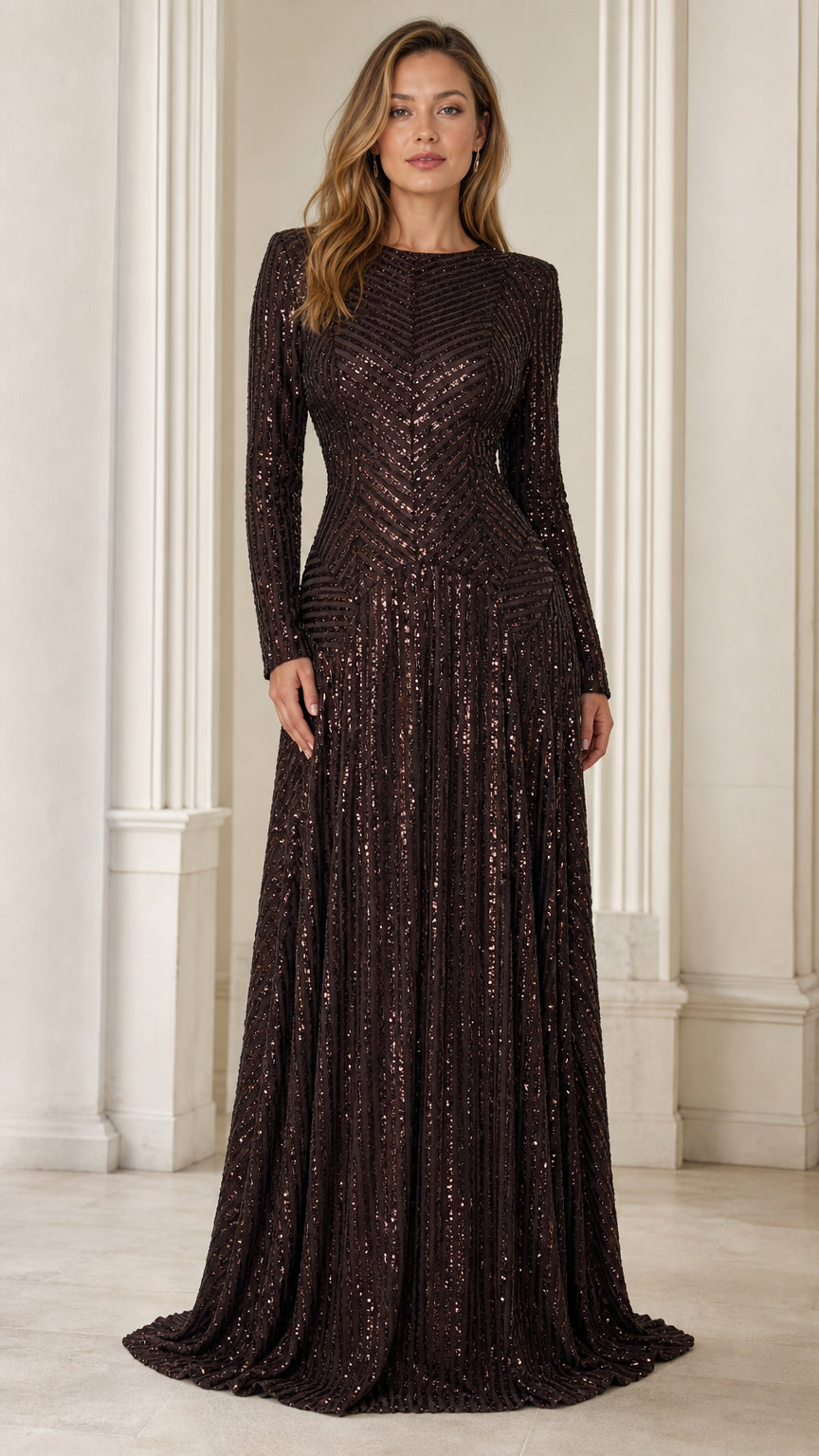 Full front view of model wearing Chocolate long-sleeve sequin A-line evening gown