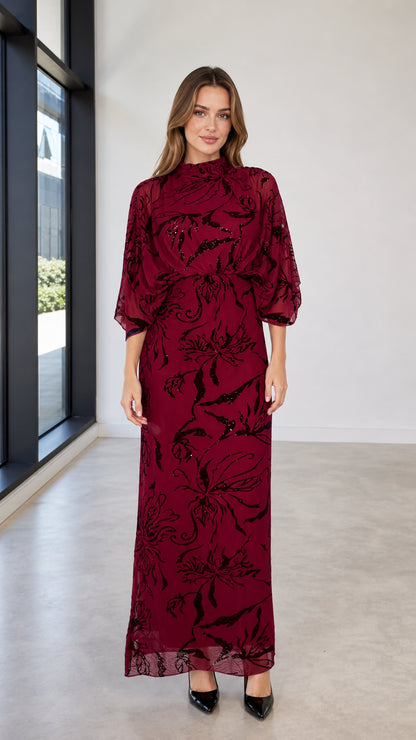 Front view of Burgundy sequin floral maxi dress