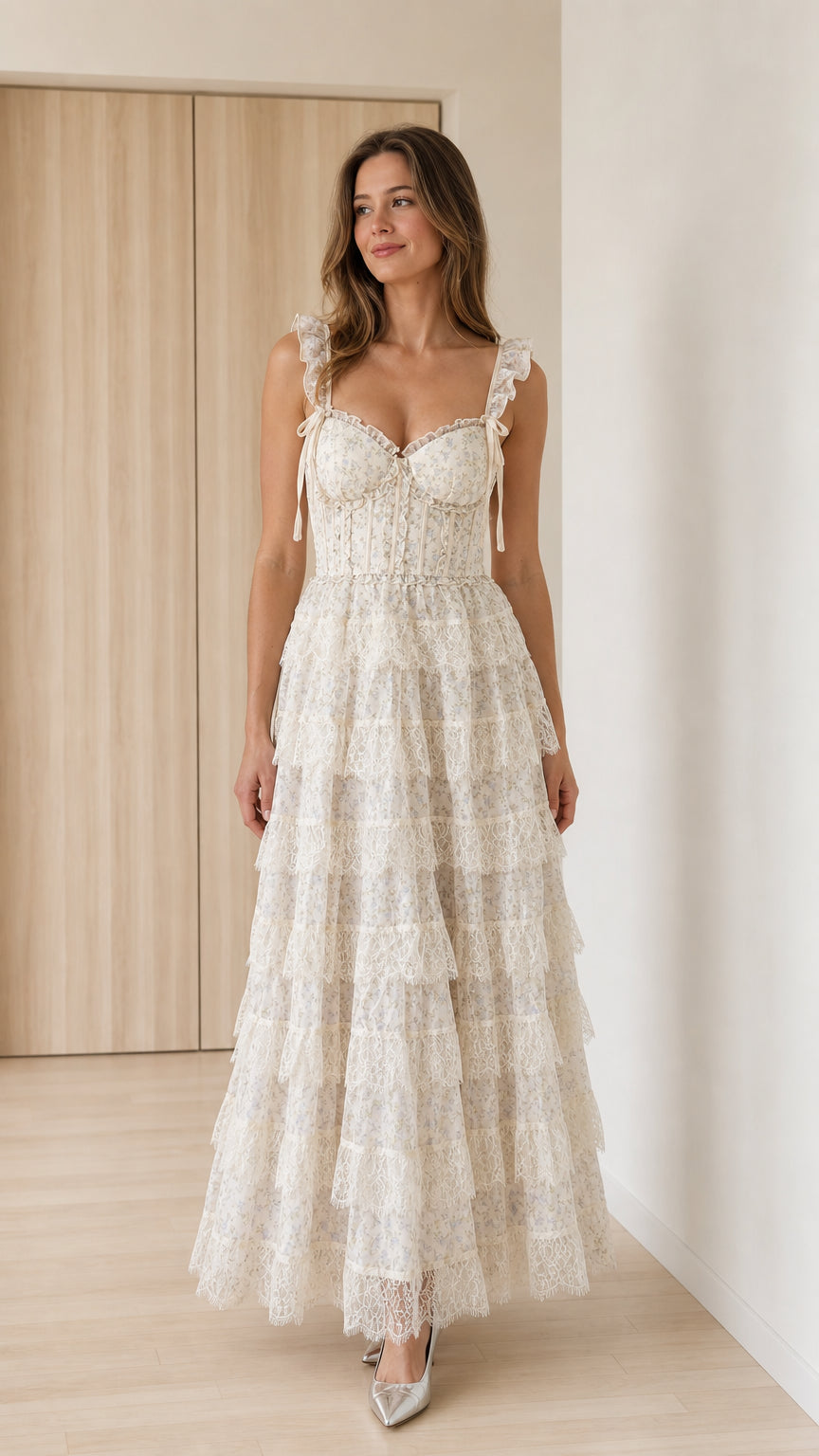 Front full view of ivory floral lace tiered maxi dress