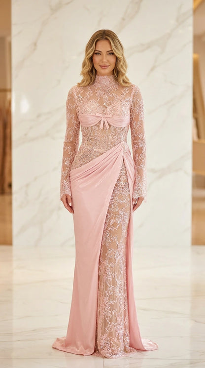 Model wearing pink lace and satin evening gown, front view