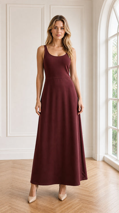 Front view of model wearing burgundy sleeveless scoop neck A-line maxi dress