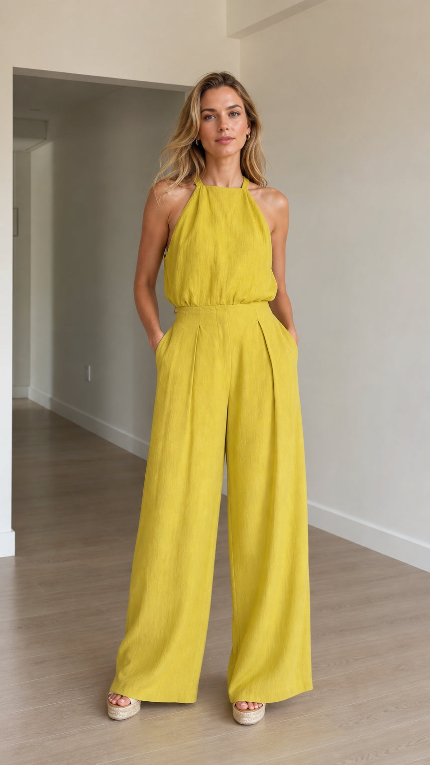 Model wearing yellow halter neck wide-leg jumpsuit front view