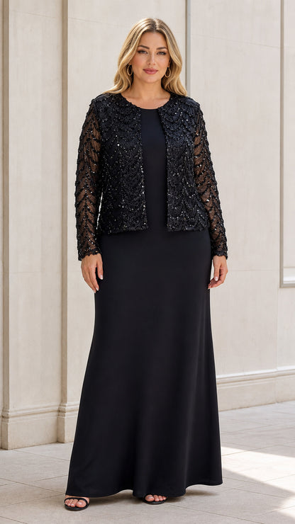 Front view of black two-piece maxi dress with sequin jacket