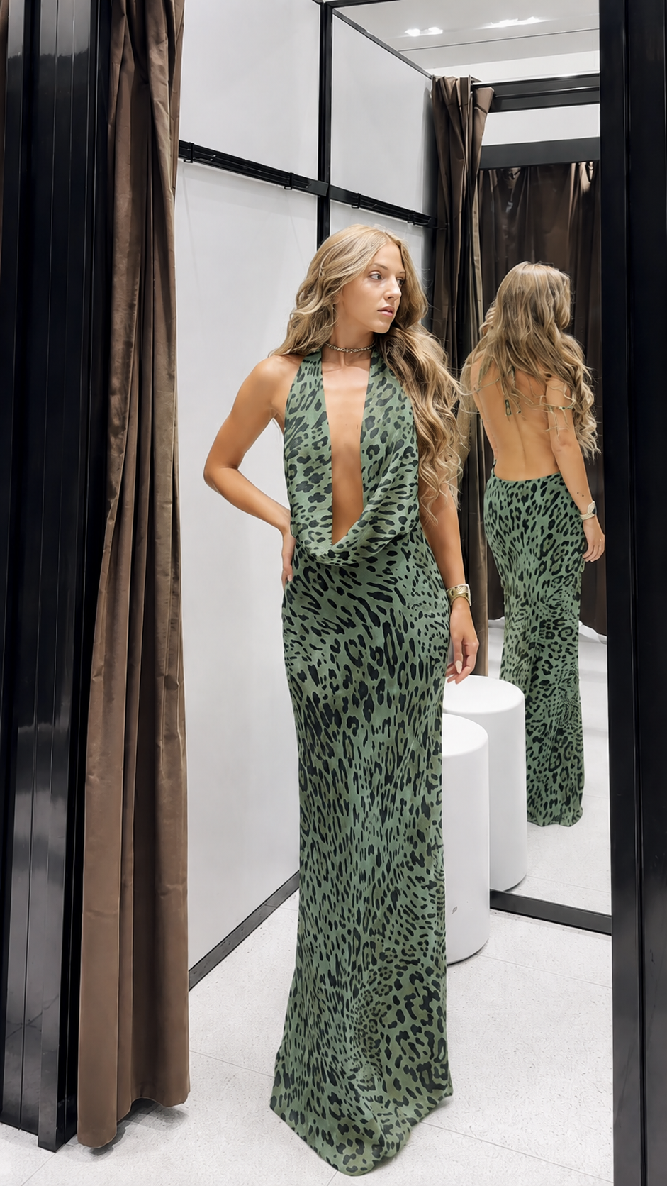 Model wearing sage green leopard print halter cowl neck maxi dress