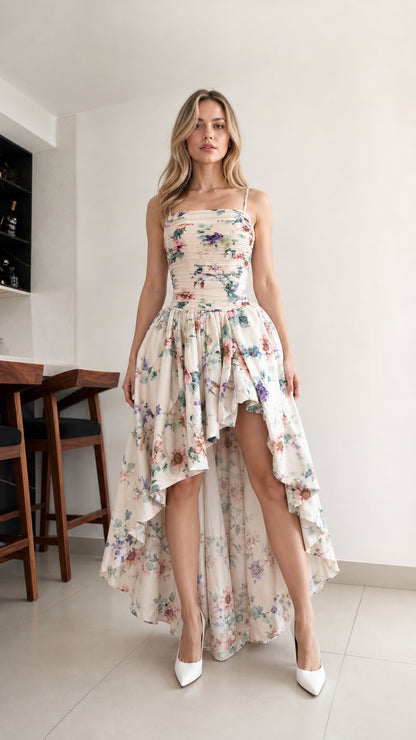 Front view of woman wearing cream floral high-low cami dress