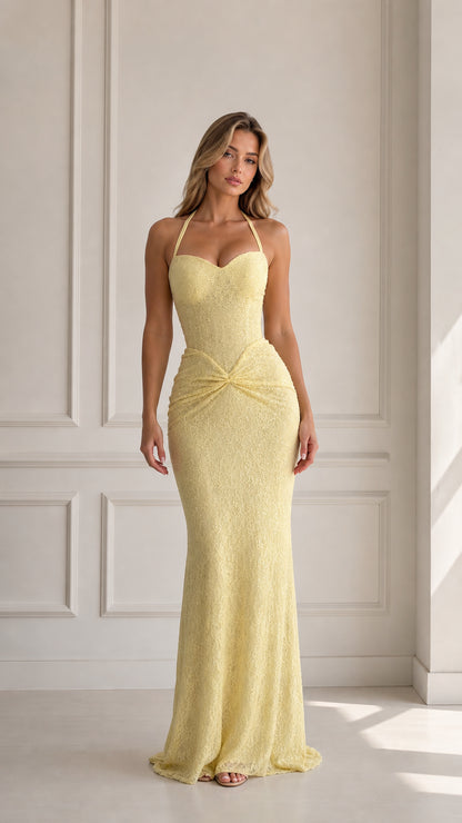 Butter Yellow sweetheart halter lace maxi evening gown front view