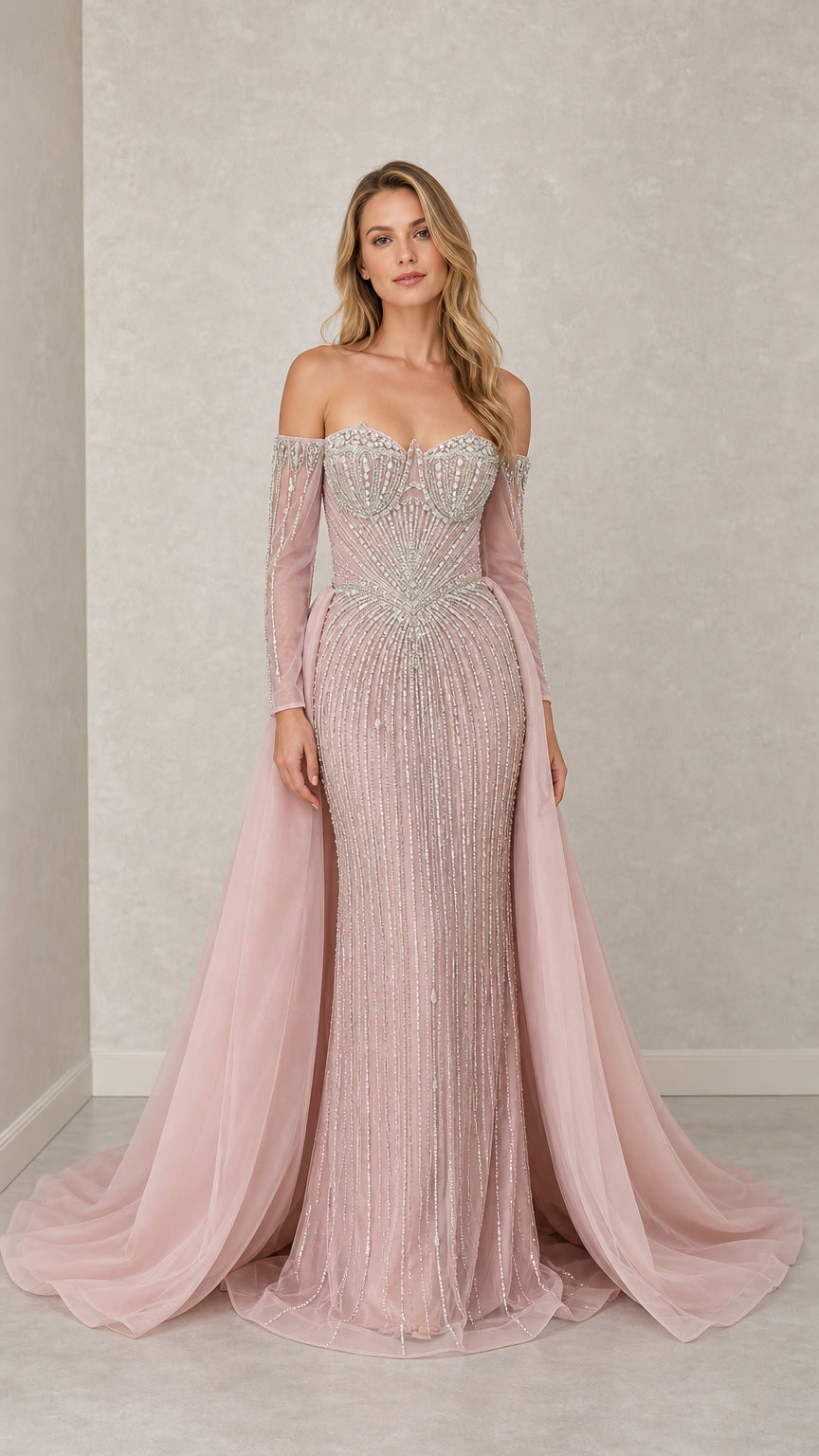 Front view of dusty pink off-shoulder beaded evening gown with overskirt