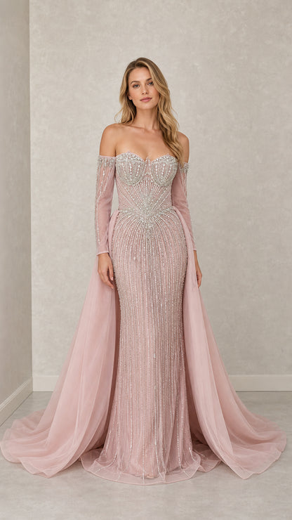 Front view of dusty pink off-shoulder beaded evening gown with overskirt