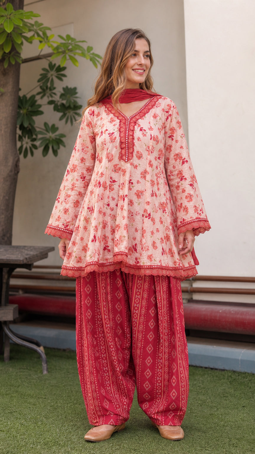 Front view of model wearing peach floral peplum tunic and red dhoti pants