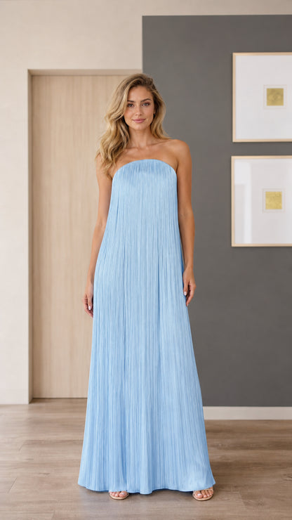 Model wearing light blue strapless pleated maxi dress, front view